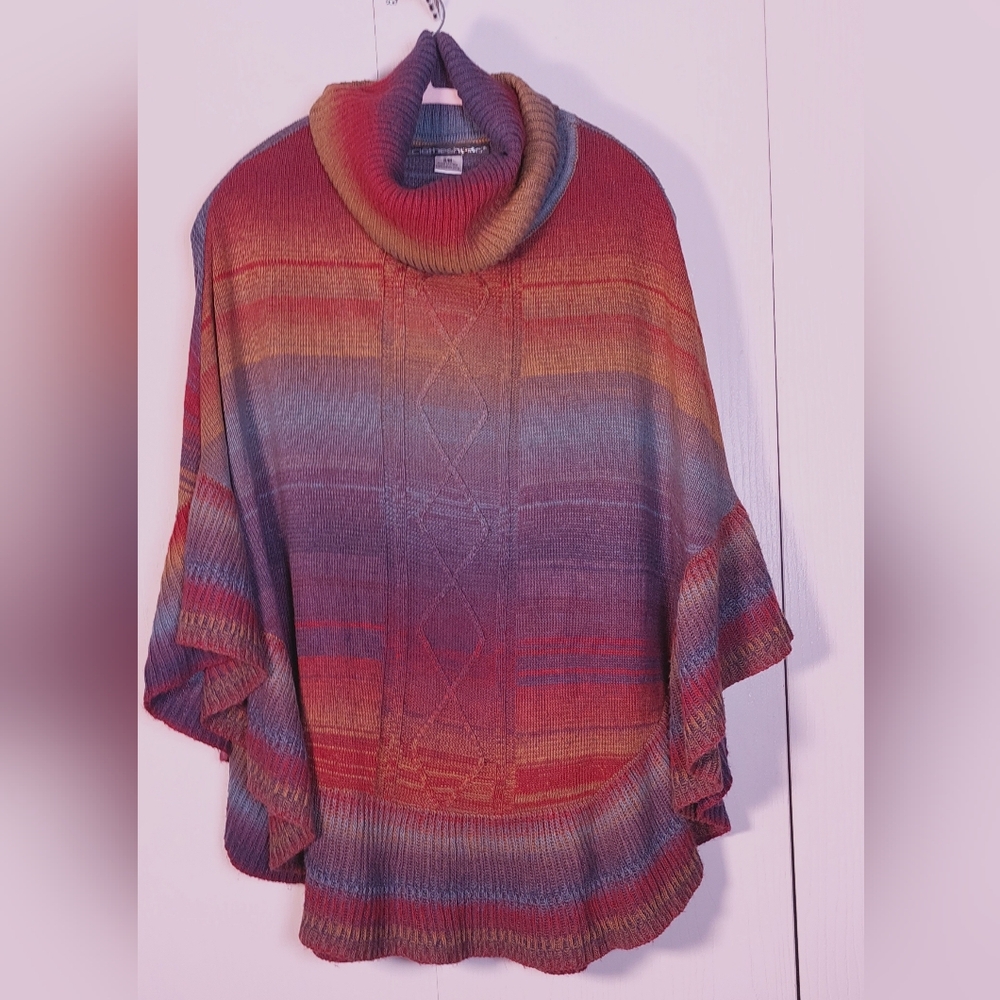 Clotheshead Sunset Colorful Sweater Poncho Size S/M Turtleneck Cozy Cape Warm